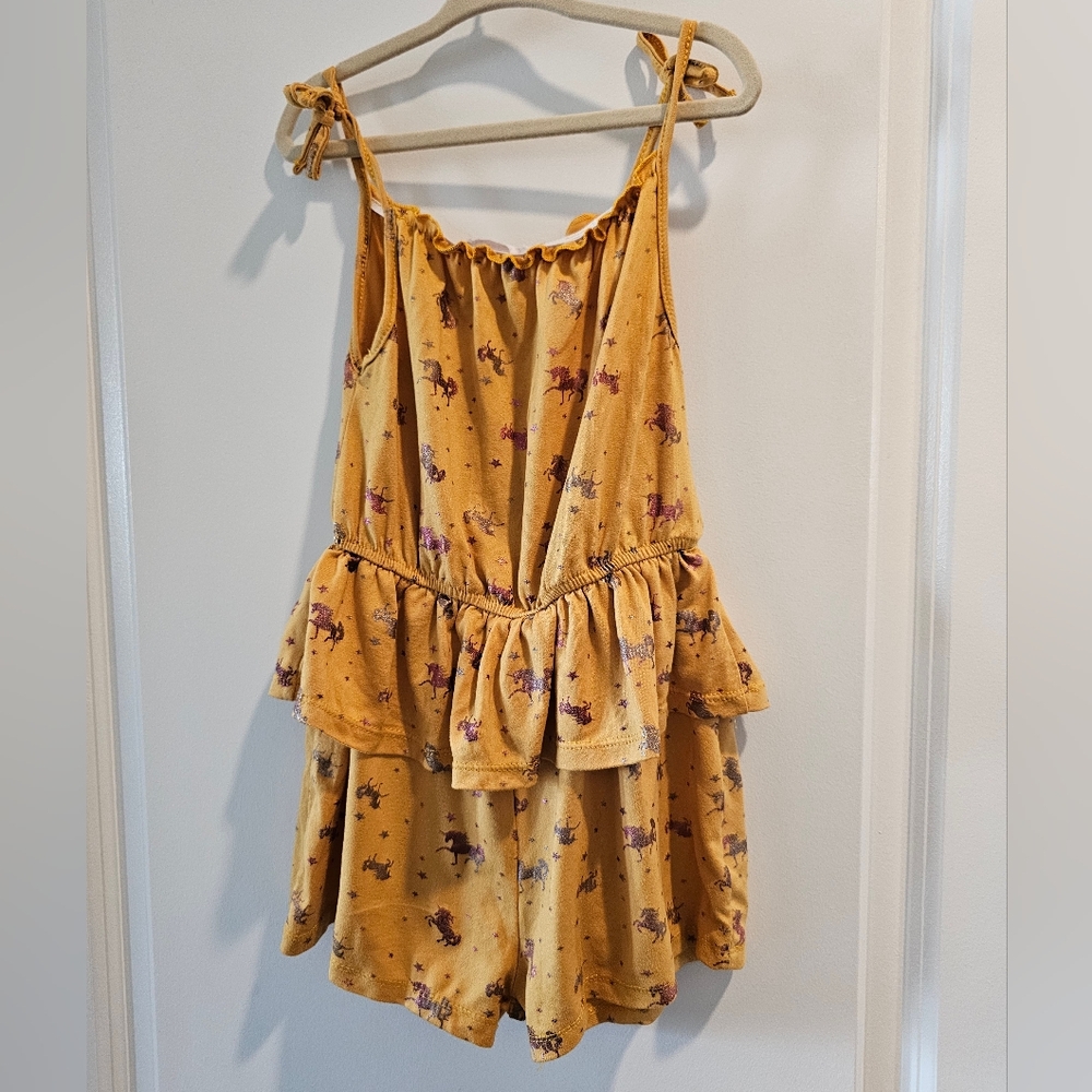 sz 7/8 Young Hearts yellow unicorn and stars short romper with peplum ruffle